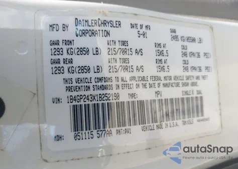 2001 Dodge Grand Caravan Se from USA, damaged, VIN 1B4GP243X1B252190